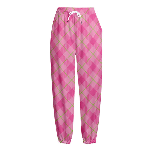 Pink And Green Plaid Pattern Print Fleece Lined Knit Pants