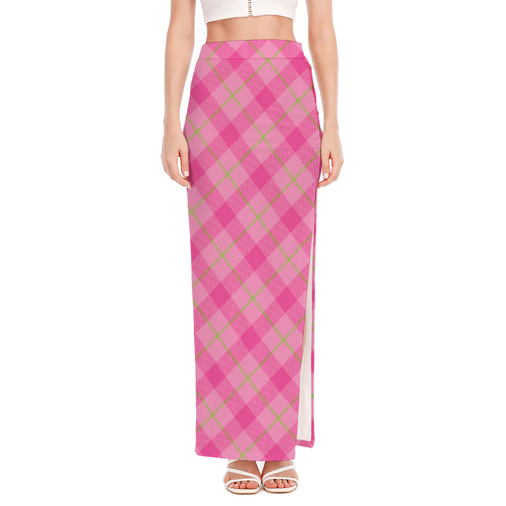 Pink And Green Plaid Pattern Print High Slit Maxi Skirt