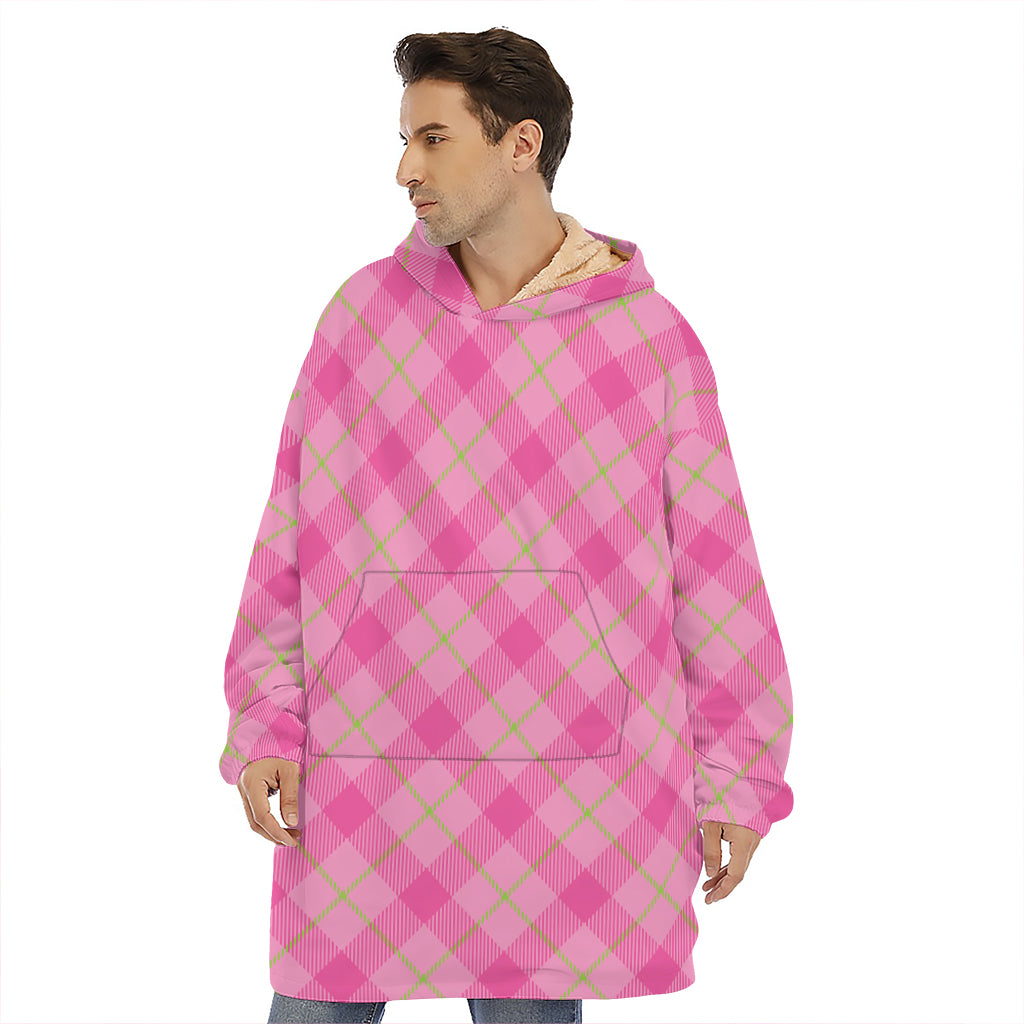Pink And Green Plaid Pattern Print Hoodie Blanket