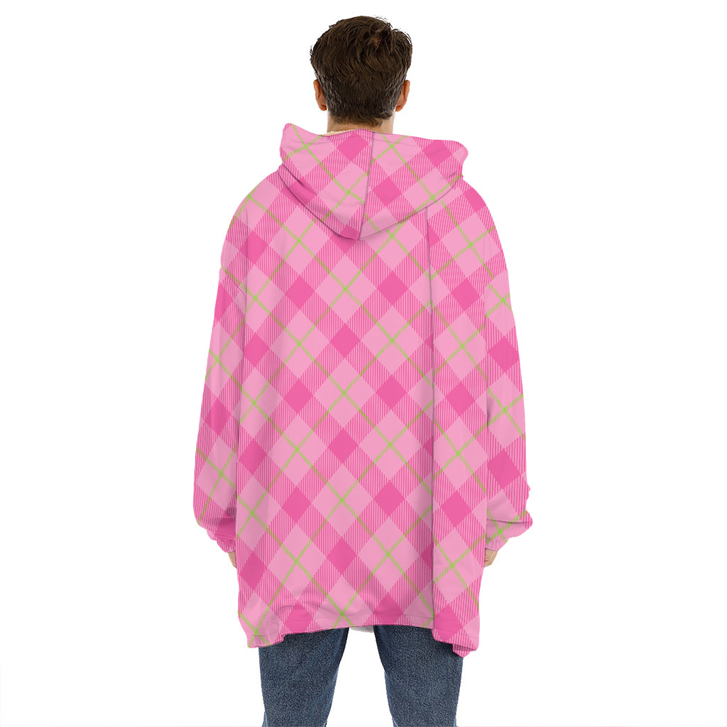 Pink And Green Plaid Pattern Print Hoodie Blanket
