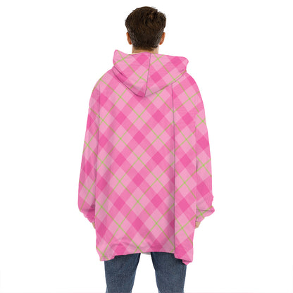Pink And Green Plaid Pattern Print Hoodie Blanket