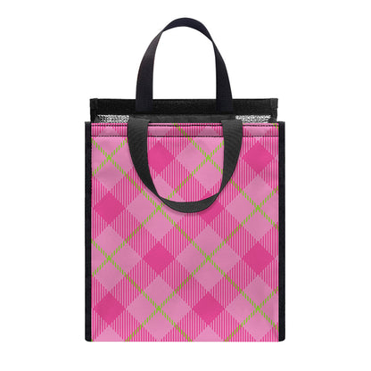 Pink And Green Plaid Pattern Print Insulated Lunch Tote