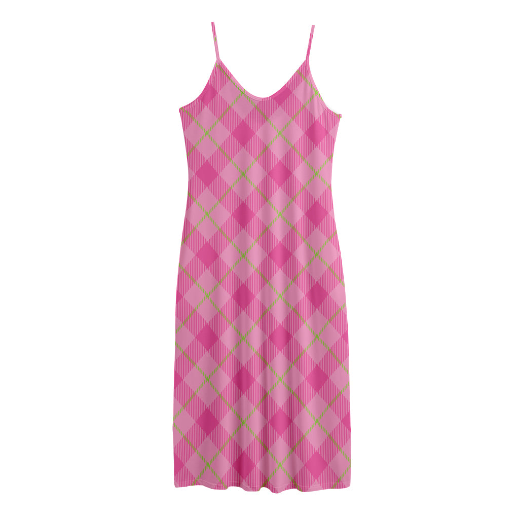 Pink And Green Plaid Pattern Print Jersey Midi Cami Dress