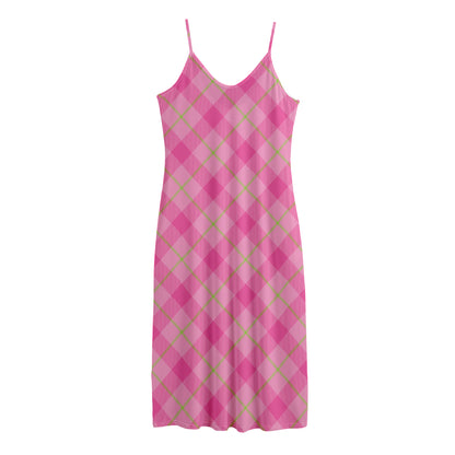 Pink And Green Plaid Pattern Print Jersey Midi Cami Dress