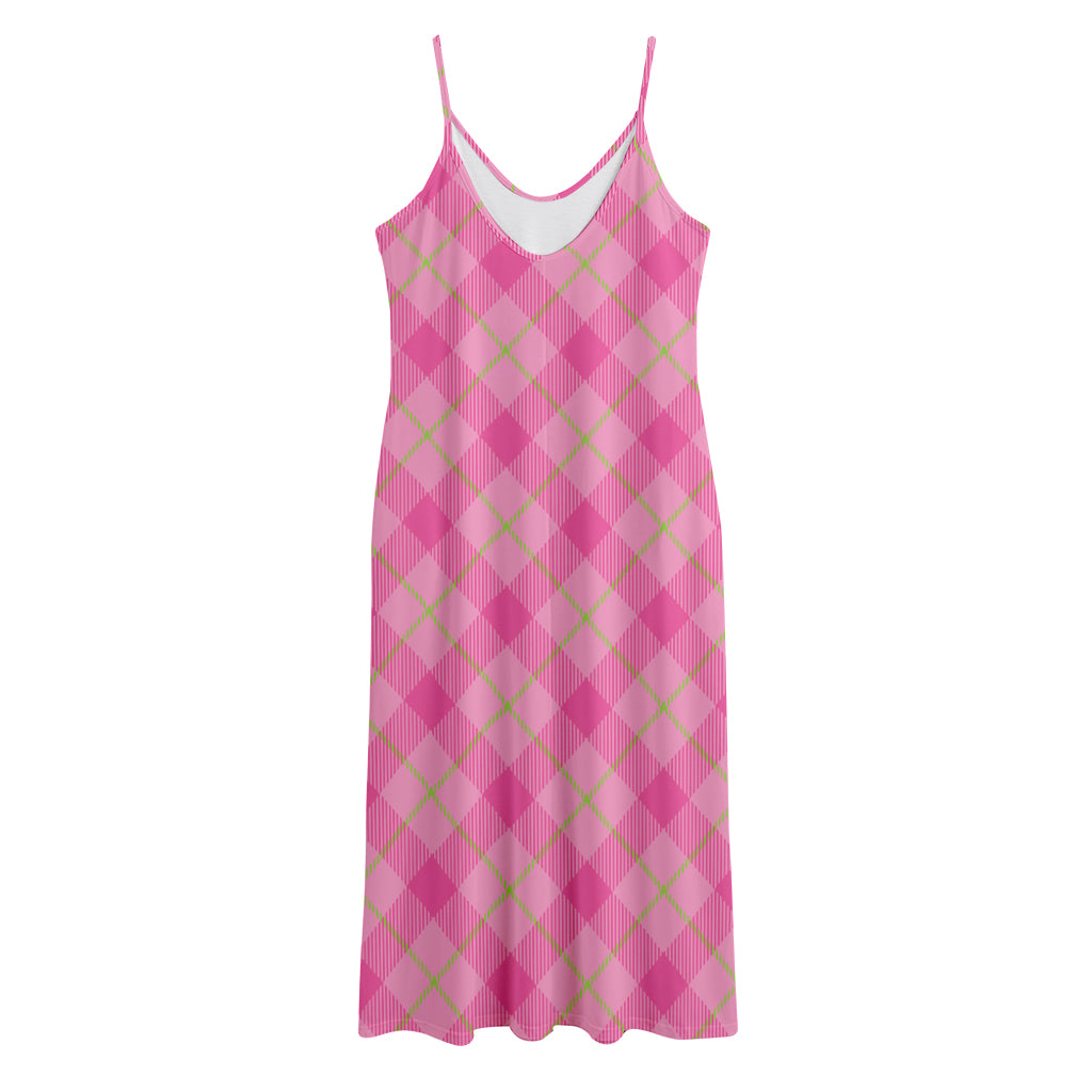 Pink And Green Plaid Pattern Print Jersey Midi Cami Dress