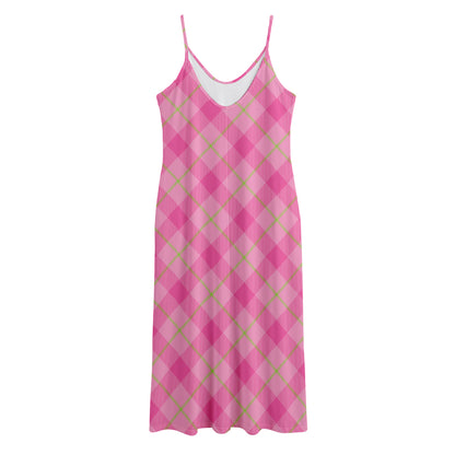 Pink And Green Plaid Pattern Print Jersey Midi Cami Dress