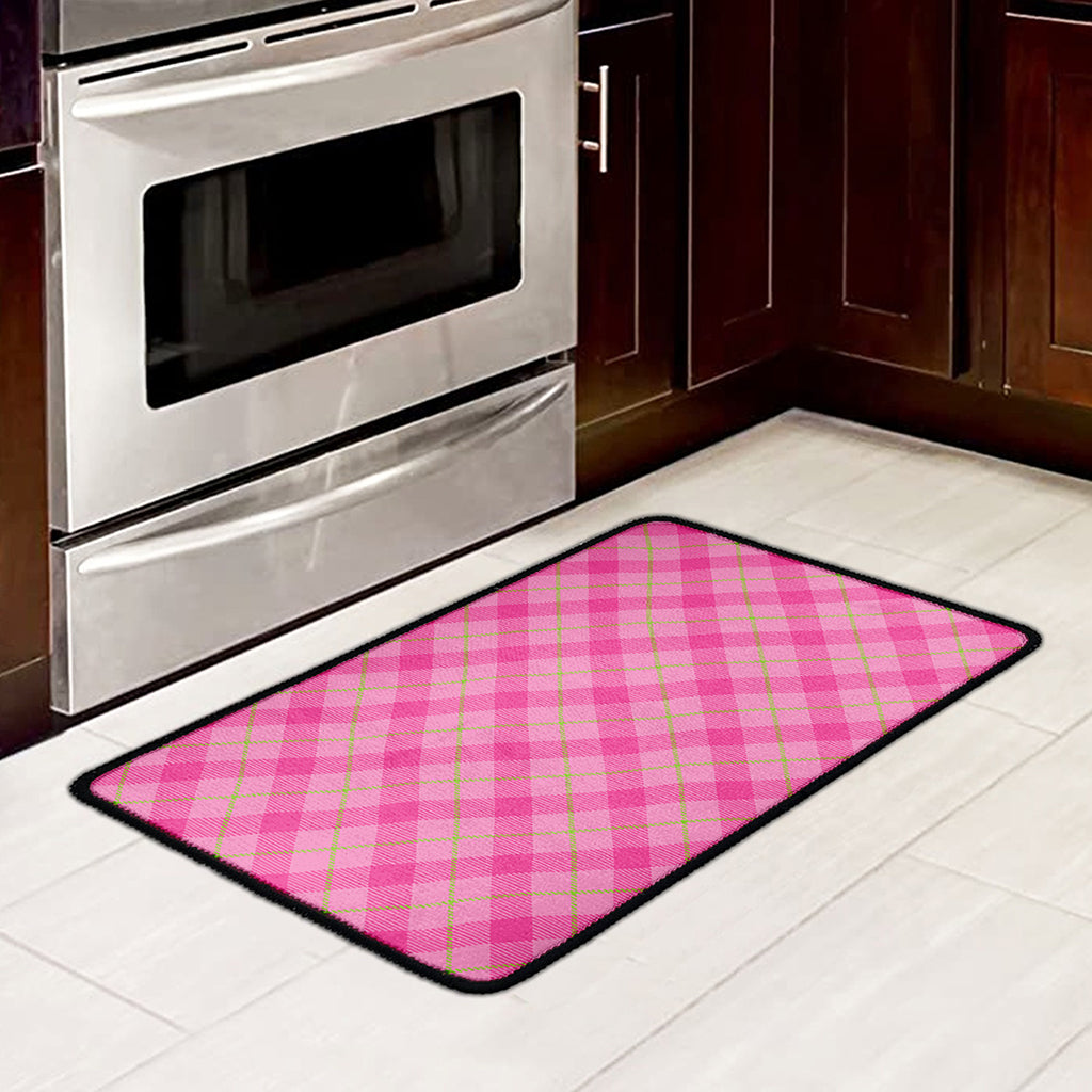 Pink And Green Plaid Pattern Print Kitchen Mat