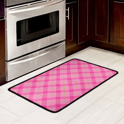Pink And Green Plaid Pattern Print Kitchen Mat