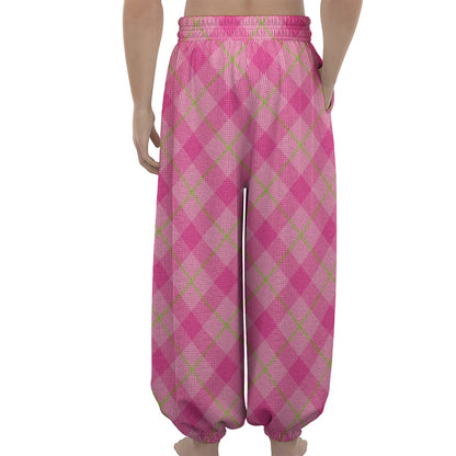 Pink And Green Plaid Pattern Print Lantern Pants