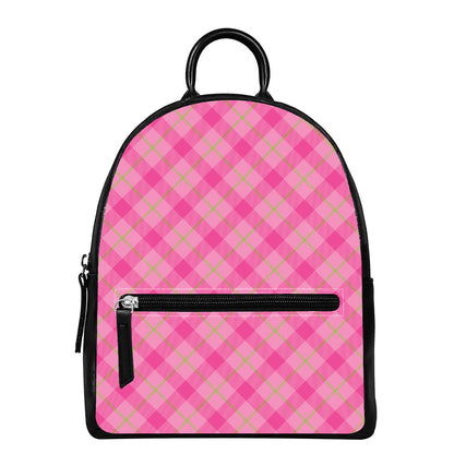 Pink And Green Plaid Pattern Print Leather Backpack
