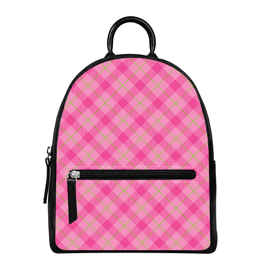 Pink And Green Plaid Pattern Print Leather Backpack