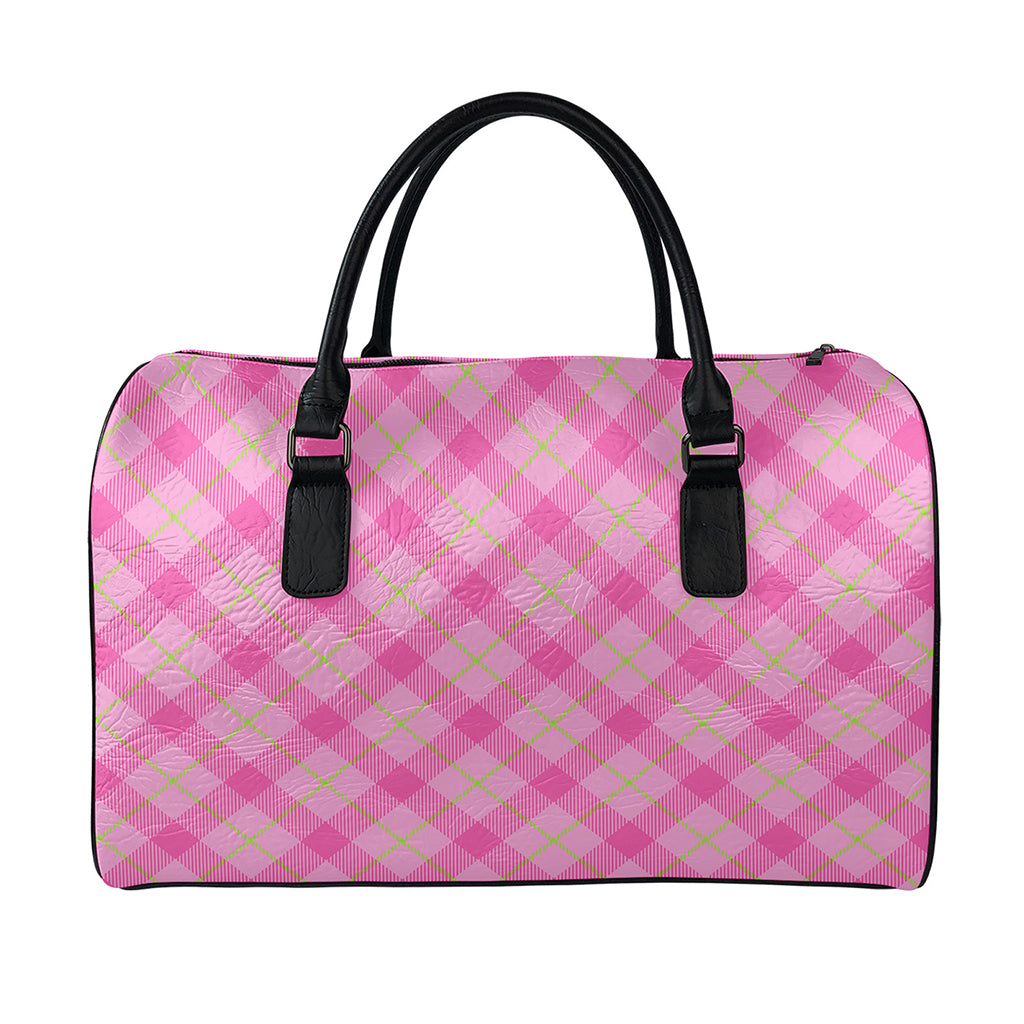 Pink And Green Plaid Pattern Print Leather Duffle Bag