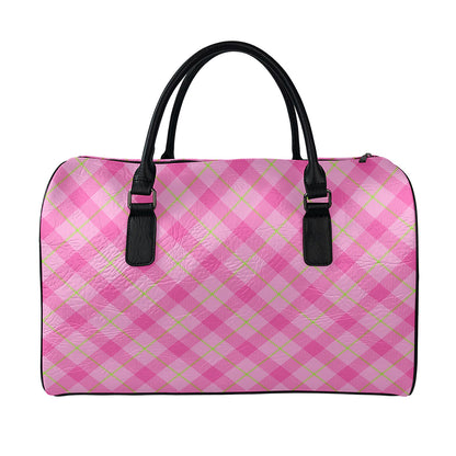 Pink And Green Plaid Pattern Print Leather Duffle Bag