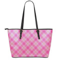 Pink And Green Plaid Pattern Print Leather Tote Bag With Zipper