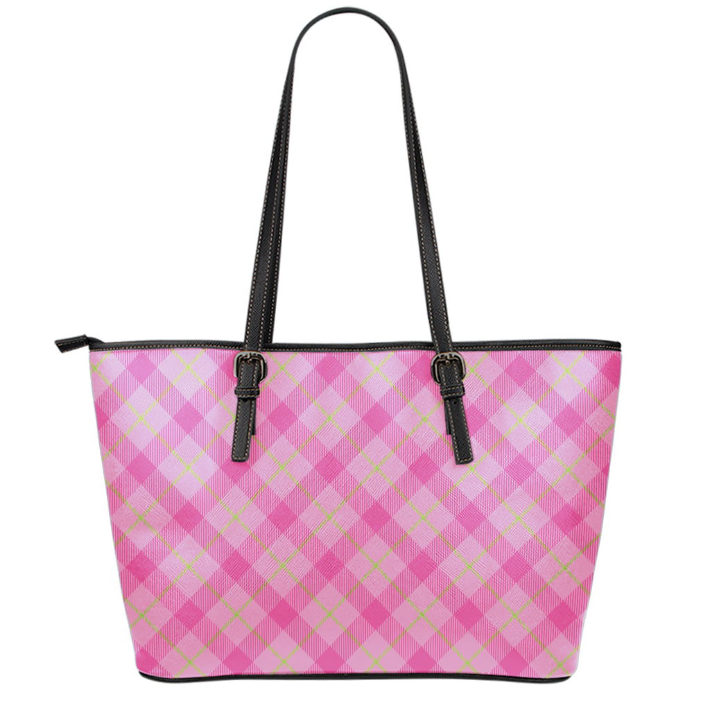 Pink And Green Plaid Pattern Print Leather Tote Bag