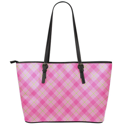 Pink And Green Plaid Pattern Print Leather Tote Bag