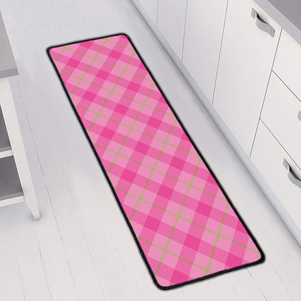 Pink And Green Plaid Pattern Print Long Kitchen Mat