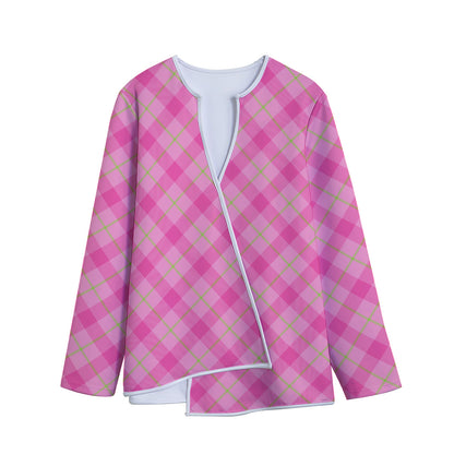 Pink And Green Plaid Pattern Print Long Sleeve Short Coat