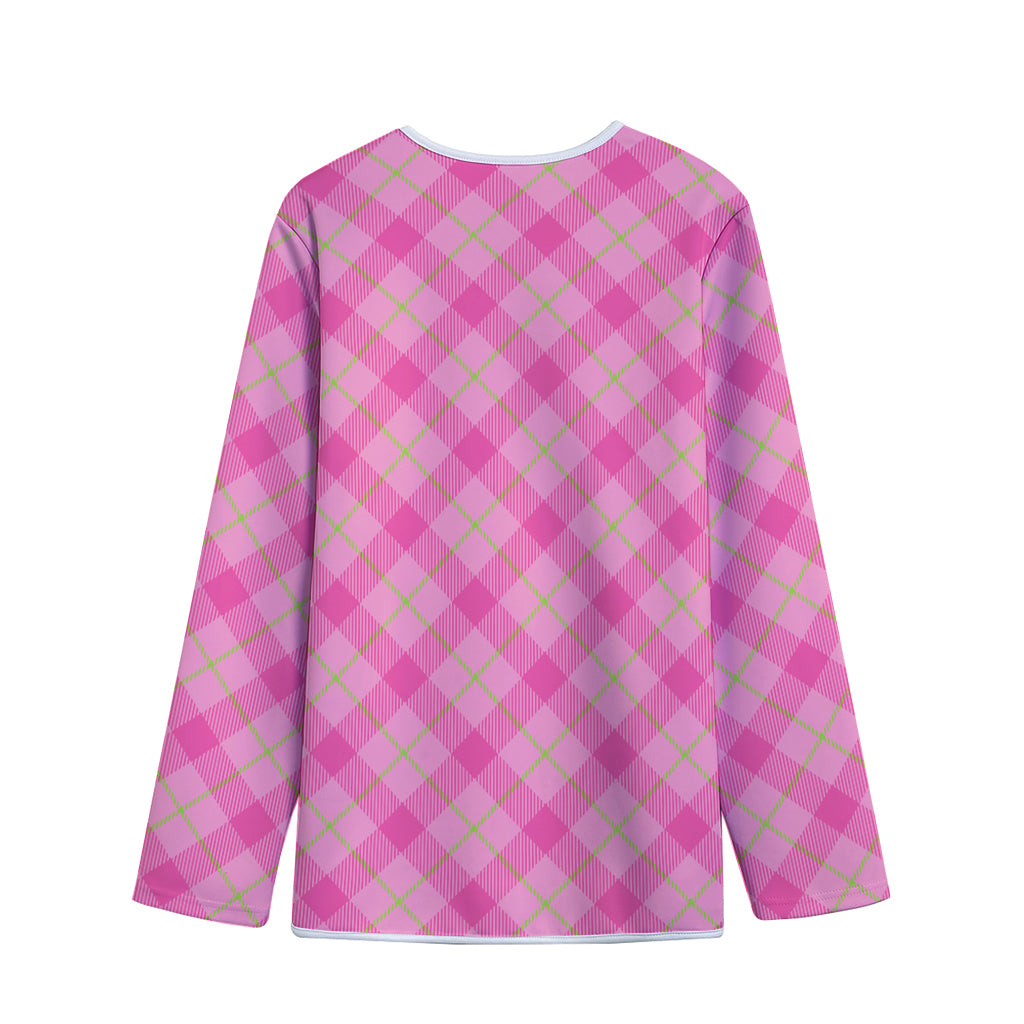 Pink And Green Plaid Pattern Print Long Sleeve Short Coat