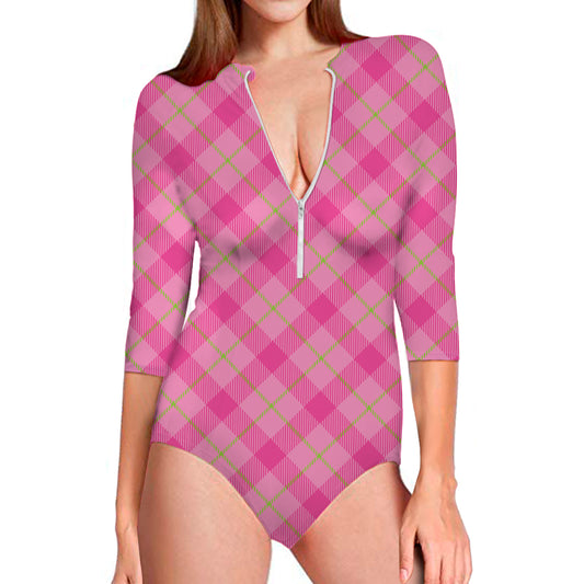 Pink And Green Plaid Pattern Print Long Sleeve Swimsuit