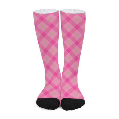 Pink And Green Plaid Pattern Print Long Socks