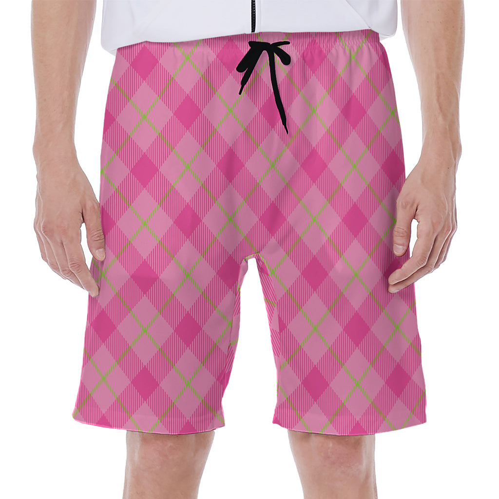Pink And Green Plaid Pattern Print Men's Beach Shorts