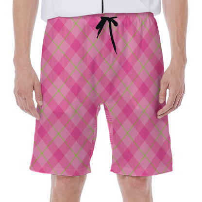Pink And Green Plaid Pattern Print Men's Beach Shorts
