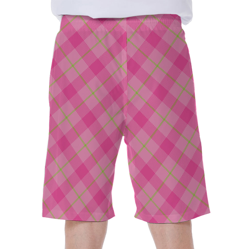Pink And Green Plaid Pattern Print Men's Beach Shorts