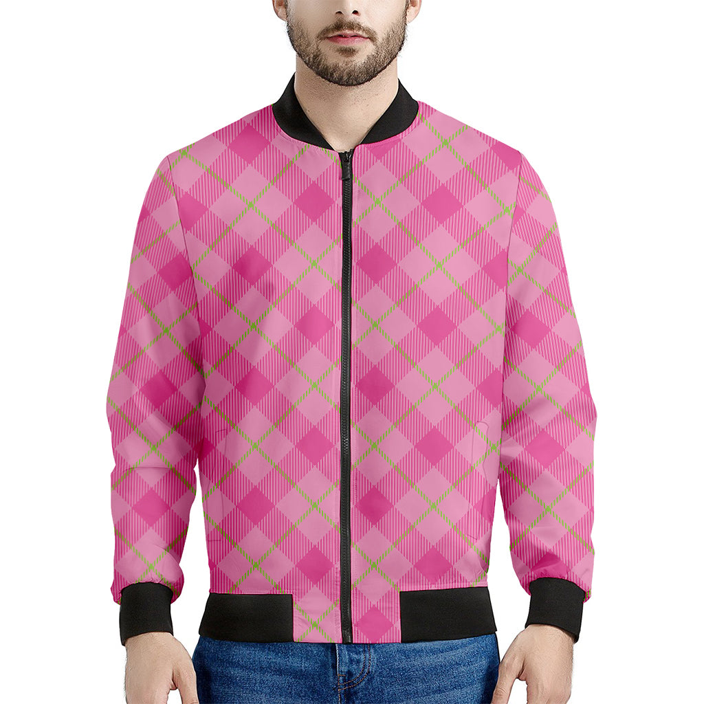 Pink And Green Plaid Pattern Print Men's Bomber Jacket
