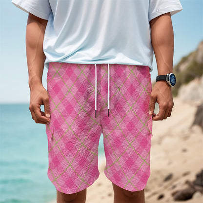 Pink And Green Plaid Pattern Print Men's Cargo Shorts