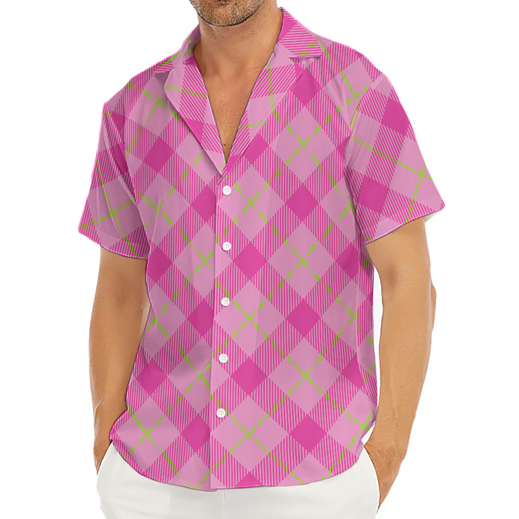 Pink And Green Plaid Pattern Print Men's Deep V-Neck Shirt