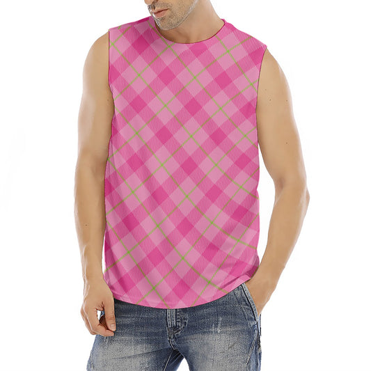Pink And Green Plaid Pattern Print Men's Fitness Tank Top
