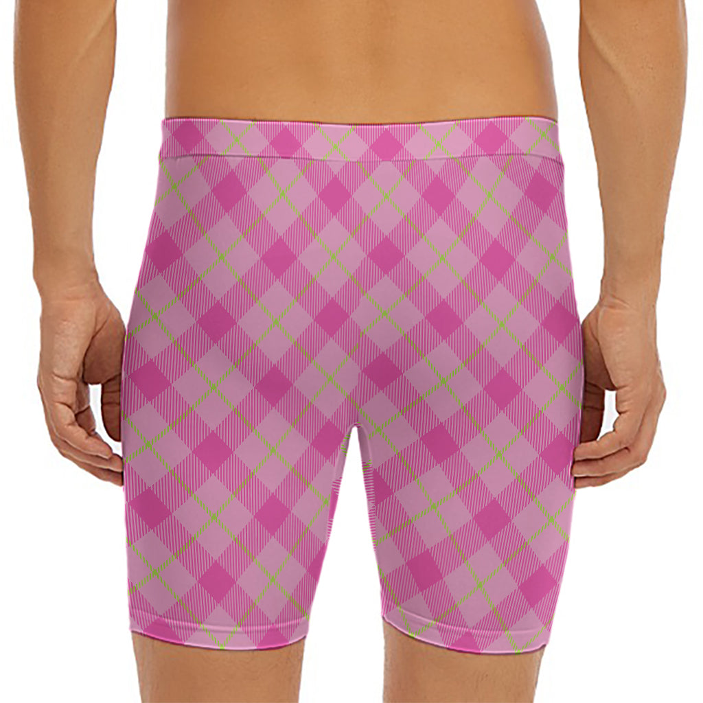 Pink And Green Plaid Pattern Print Men's Long Boxer Briefs