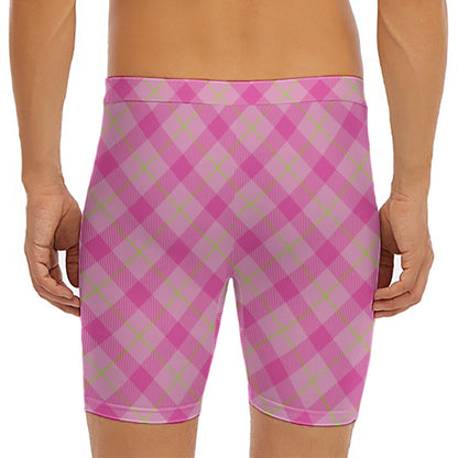 Pink And Green Plaid Pattern Print Men's Long Boxer Briefs