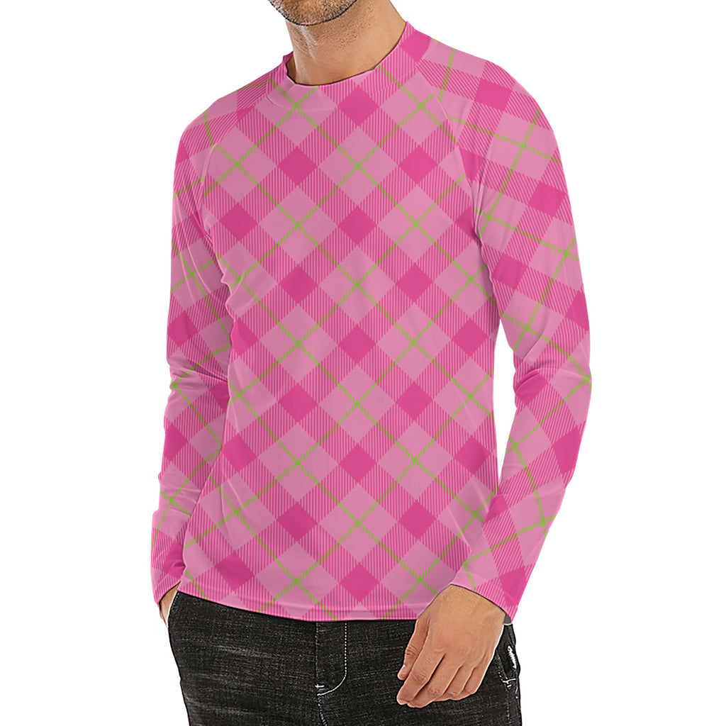 Pink And Green Plaid Pattern Print Men's Long Sleeve Rash Guard