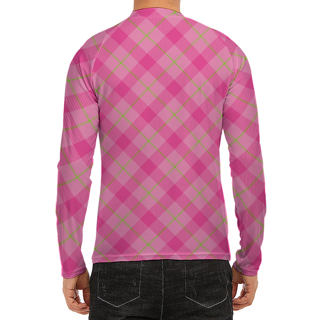 Pink And Green Plaid Pattern Print Men's Long Sleeve Rash Guard