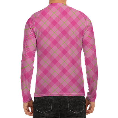 Pink And Green Plaid Pattern Print Men's Long Sleeve Rash Guard