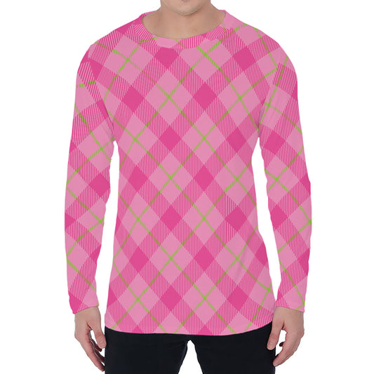 Pink And Green Plaid Pattern Print Men's Long Sleeve T-Shirt