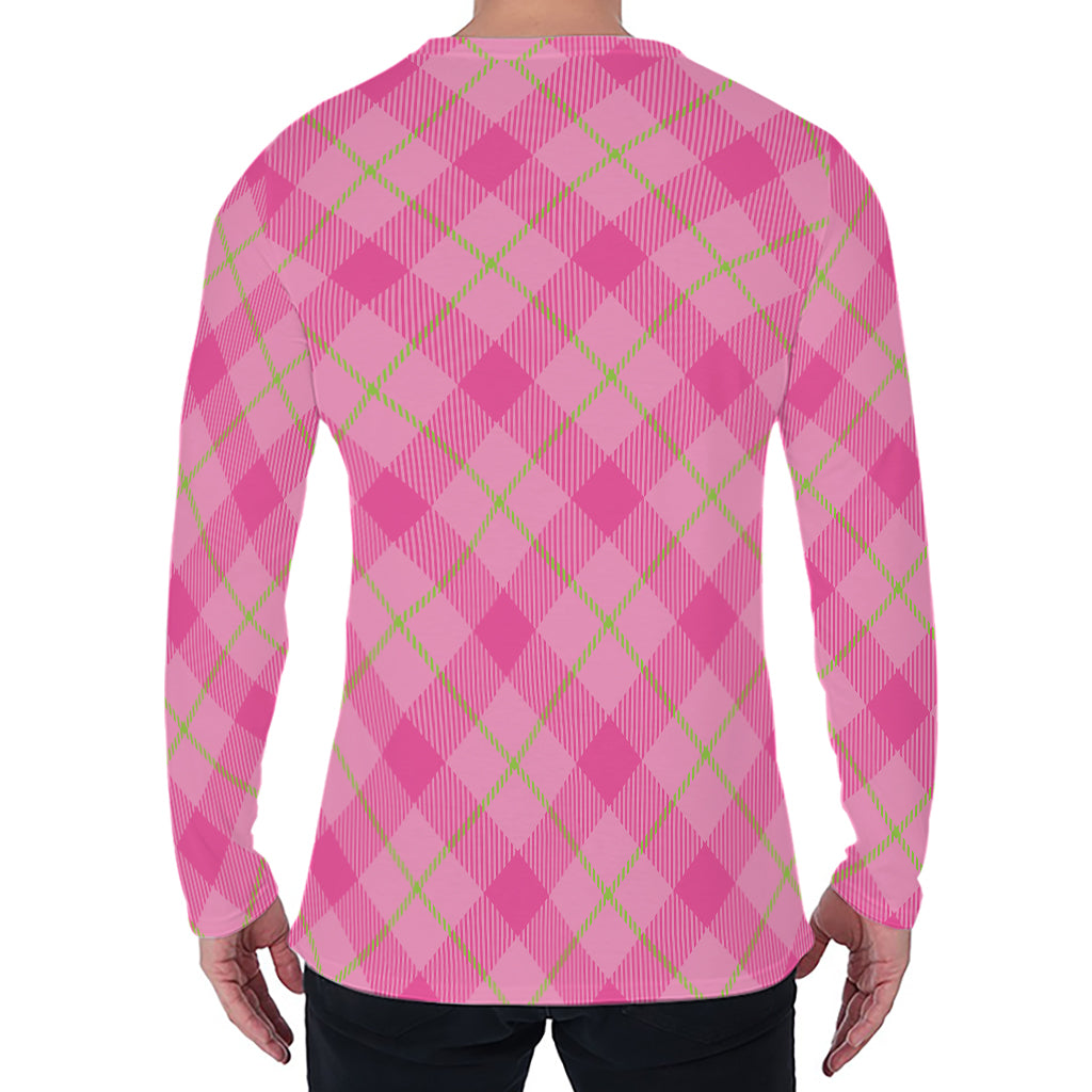 Pink And Green Plaid Pattern Print Men's Long Sleeve T-Shirt
