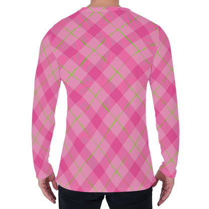 Pink And Green Plaid Pattern Print Men's Long Sleeve T-Shirt