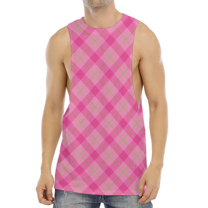 Pink And Green Plaid Pattern Print Men's Muscle Tank Top