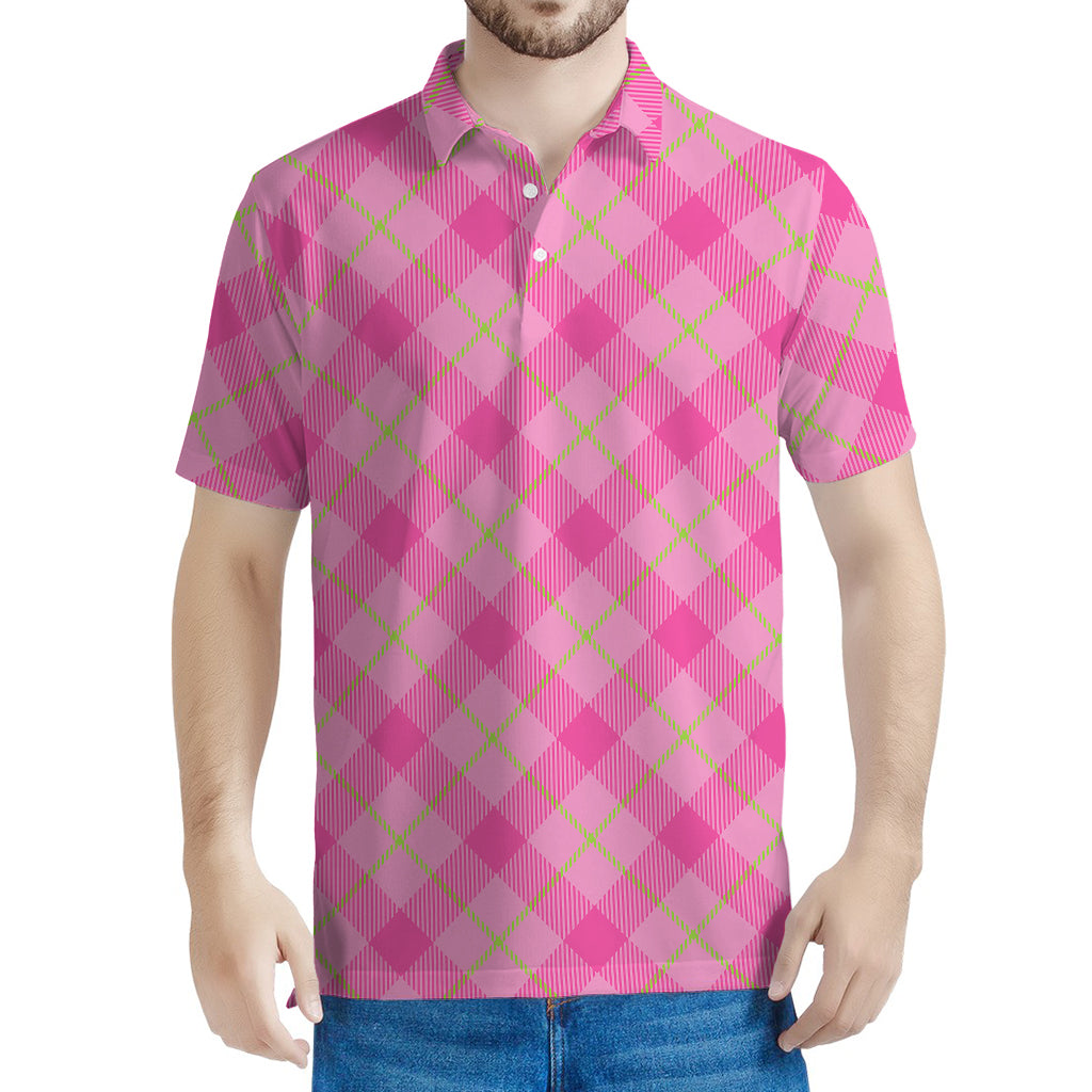 Pink And Green Plaid Pattern Print Men's Polo Shirt