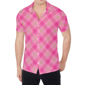 Pink And Green Plaid Pattern Print Men's Shirt