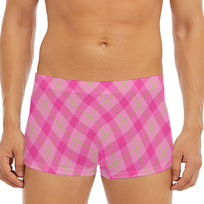 Pink And Green Plaid Pattern Print Men's Short Boxer Briefs