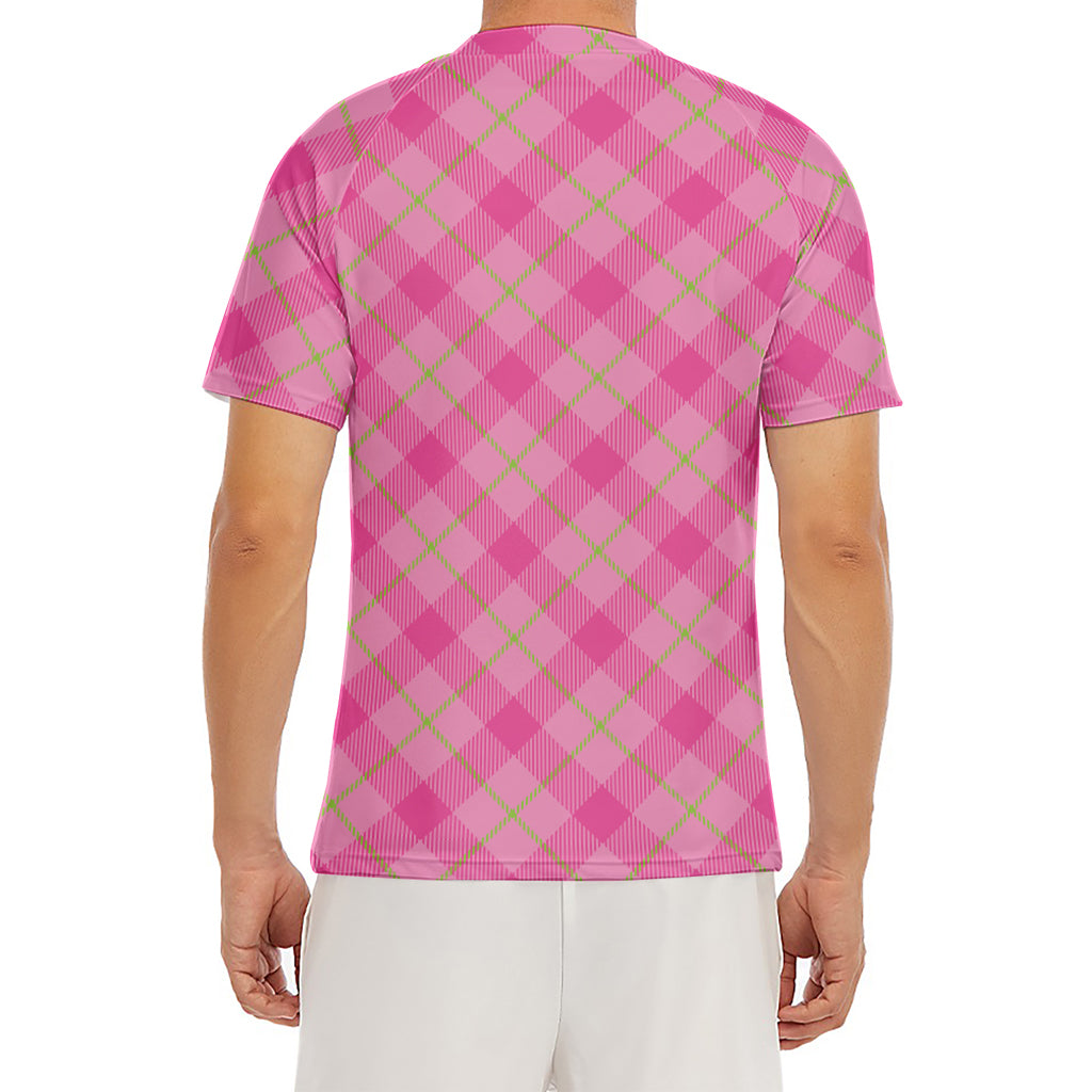 Pink And Green Plaid Pattern Print Men's Short Sleeve Rash Guard