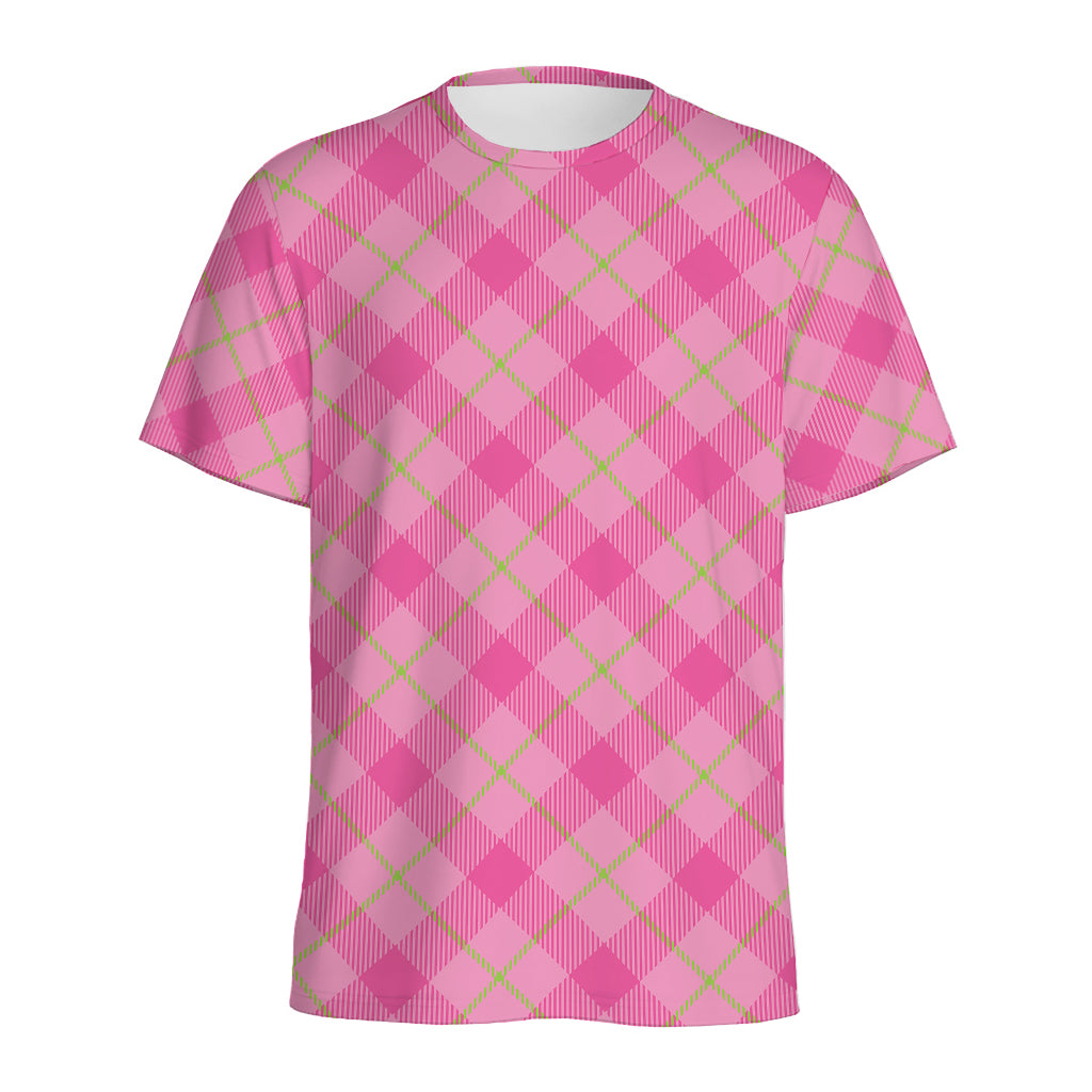 Pink And Green Plaid Pattern Print Men's Sports T-Shirt