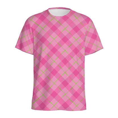Pink And Green Plaid Pattern Print Men's Sports T-Shirt