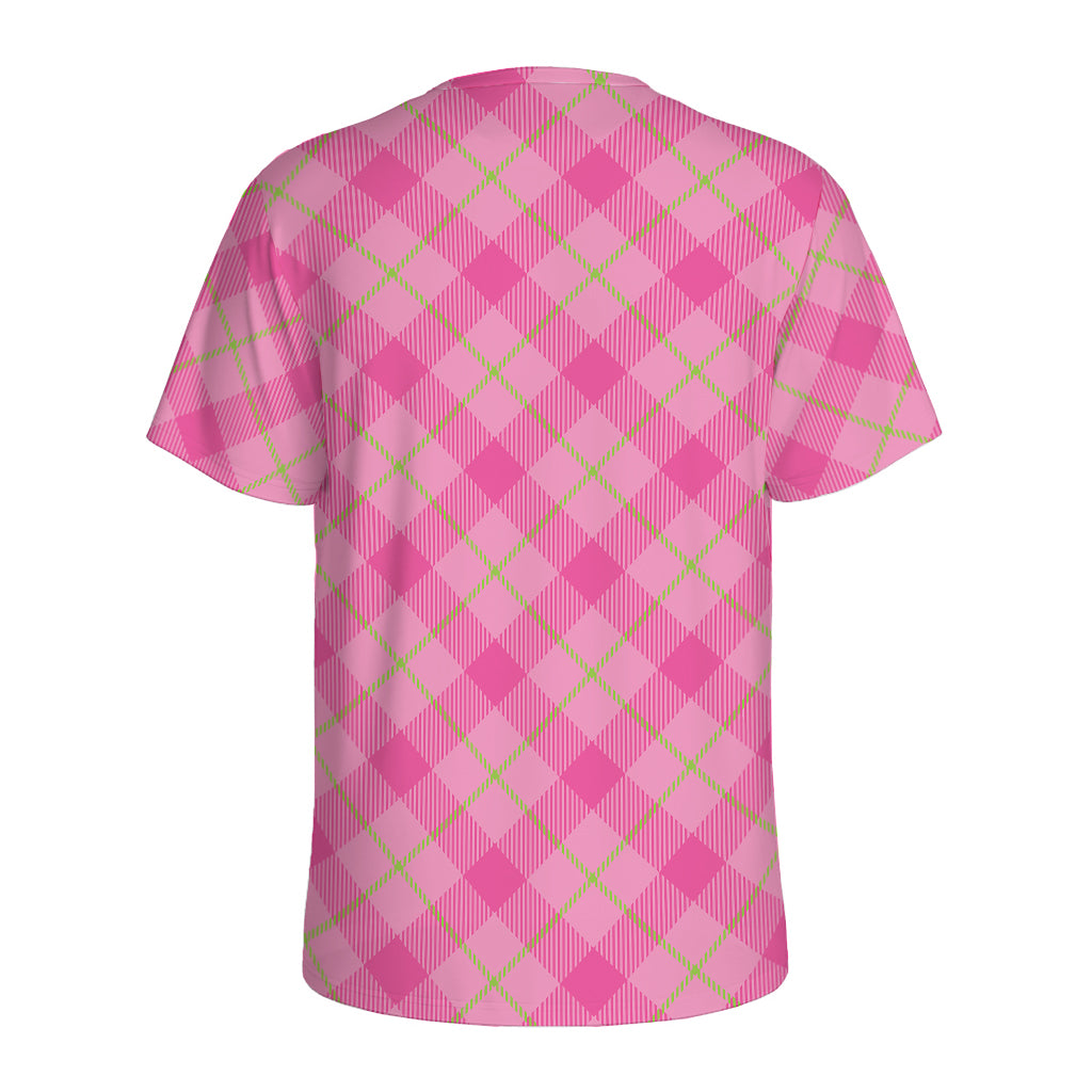 Pink And Green Plaid Pattern Print Men's Sports T-Shirt