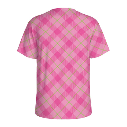 Pink And Green Plaid Pattern Print Men's Sports T-Shirt