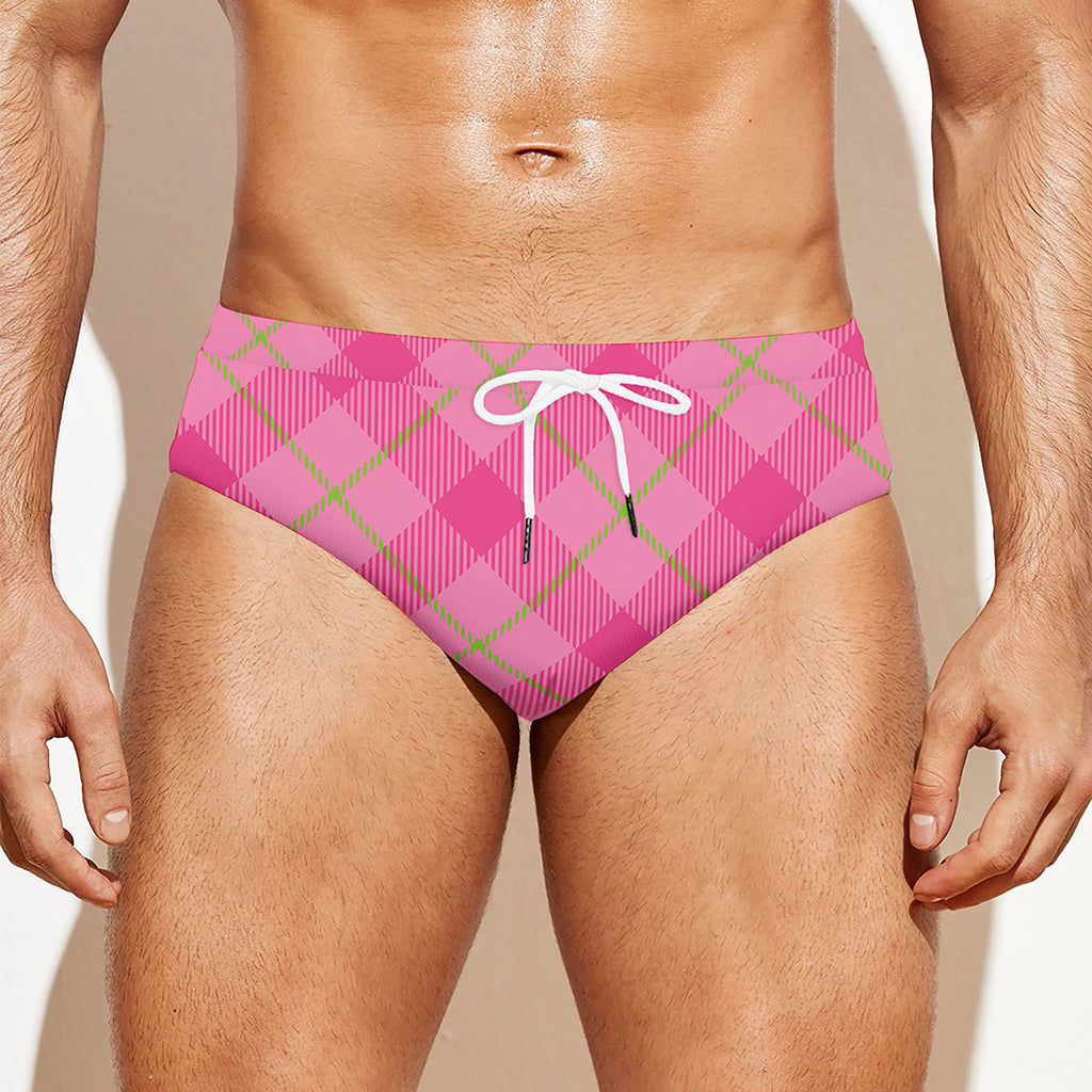 Pink And Green Plaid Pattern Print Men's Swim Briefs